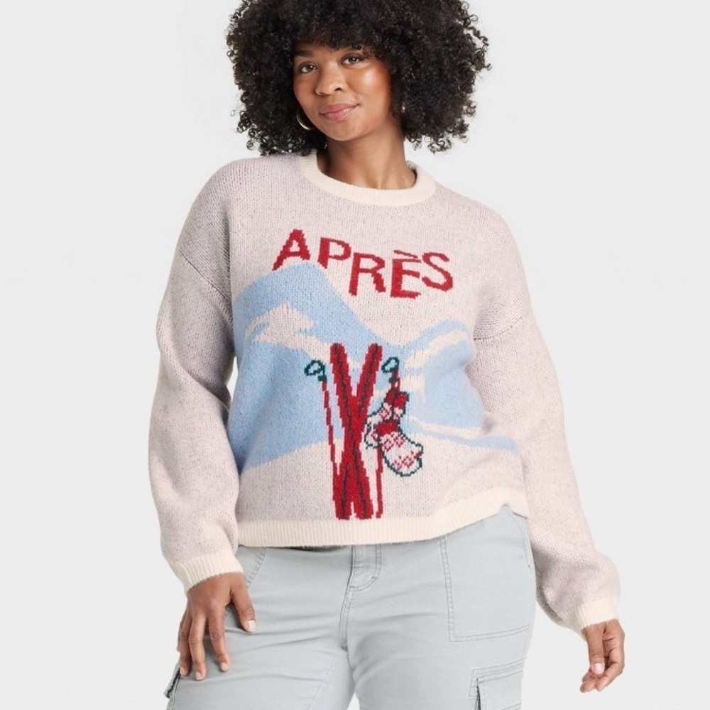 Target Holiday Crewneck Sweater A New Day Cream Blue Red Apres Ski Size XXL New